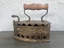 Vintage Brass Roses Coal Sad Iron with Wooden Handle picture