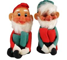 2 Vintage Knee Hugger Pixie Elf Gnome Dwarf Ornaments Green Red Felt Fur Japan picture
