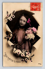 c1909 RPPC Young French Girl Thinking of You Hand Colored Real Photo Postcard picture