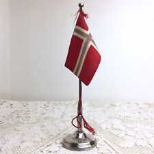 Vintage Norway Desk Table Flag 50s Silver Stand Display Flagpole Norwegian 40g picture