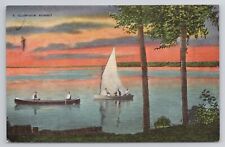 Sunset on Indian Lake Manistique Michigan Linen Postcard No 4803 picture