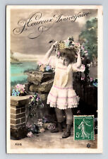 RPPC Young French Girl Dress Flowers Hand Colored Real Photo Postcard picture