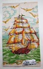 Vintage Linen Tea Towel Parisian Prints with Ships and Seagulls Design NOS picture