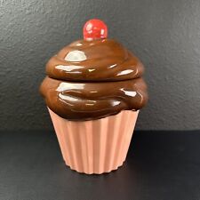 Vintage Cupcake Cookie Jar Pink Brown 9” Tall Handmade Painted Birthday Candy picture