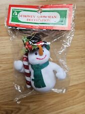 Flocked Snowman Vintage Holiday Trim 1 pc Ornament NEW Unopened Candy Cane picture