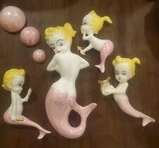 1950s 7pc Norcrest Mermaids Figurines Wall Cherubs Pink Kitschy Pin Ups Bathroom picture