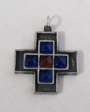 Vintage Modern R.Tennesmed Sweden Cross Pendant For Necklace Pewter & Glass picture