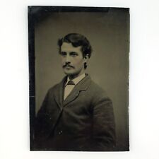 Named Foster Connecticut Man Tintype c1878 Antique 1/6 Plate Mustache Photo H767 picture