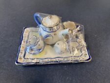 Mini Porcelain Floral Bird Ribbon Blue & Gold Trim Teapot Cup & Saucer Figurine picture