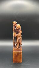 Vintage Chinese Hand Carving Soapstone God Of Shou Holding Peach Longevity Stamp picture