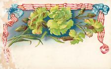 Patriotic USA Ribbon With Green Flowers Postcard~Antique~Old Glory~c1909 picture