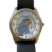 Disney Timex Watch Eeyore Vintage Silver Tone Black Leather Band Womens picture