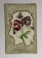 Old Vintage Antique Happy Birthday Postcard Greeting Card Purple Flowers Bouquet picture