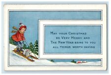 c1905 Merry Christmas Happy New Year Boy Sled Gift Snow Winter Embossed Postcard picture
