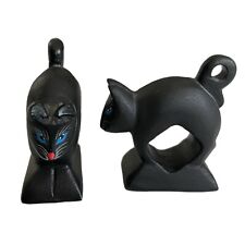 Vintage Set of 2 Mid Century Black Cat Carved Painted Napkin Rings Holders picture
