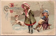 1912 Winsch MERRY CHRISTMAS Postcard Girls / Sled / Jack Russell Terrier Dog picture