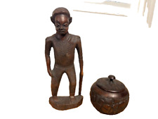Vintage Tribal African Round Hand Carved Wooden Lidded Pot & Tribal Man picture