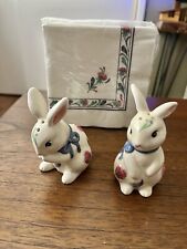 Vintage Lenox Rabbit Bunny Salt Pepper Shakers Poppies On Blue S&P And Napkins picture