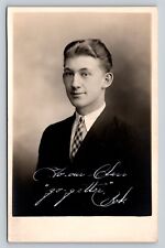RPPC Young Man's Classic Studio Portrait Class Photo VINTAGE Postcard c1925-1934 picture