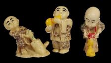 Vintage Japanese Carved Painted Resin Netsuke Figure Set Of 3 Two Holes Netsuke picture