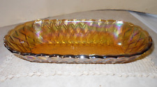 VINTAGE. Indiana Glass Marigold/Amber Carnival Glass Pretzel Design Oval Dish picture