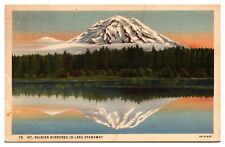 Vintage Mt. Rainier Mirrored in Lake Spanaway, WA Postcard picture