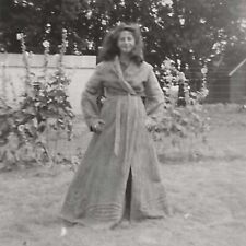 Vintage Photo Pretty Woman Wearing Cheniell Bathrobe In Garden Hollyhock Flowers picture