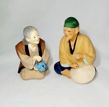 Pair of Hakata Urasaki Clay Japanese Dolls/Figurines Of Man & Woman W/ Tea Cups picture
