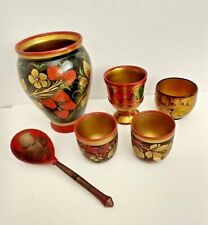  LOT 6 Russian Khokhloma hand painted Lacquered wood urn cups spoon picture