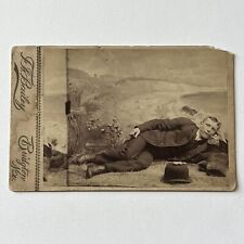 Antique Cabinet Card Photograph Handsome Young Man Laying Down Pipe Bridgton ME picture