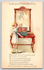 Vintage I Wish you A Blessed Birthday Postcard 1923 Girl Mirror Jewels #1999 picture