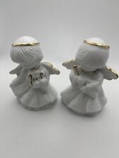 Giftco Inc Set Of 2 Porcelain Angels Bell Band Figurines 3” Tall Gold Trim VTG picture