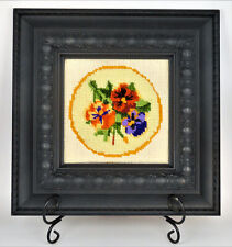 Vintage Framed Art 1970s Pansy Needlepoint Spring Flowers 10”x10