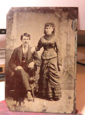 Antique 1800's Tintype Photograph Young Man & Woman Posing - Incredible Dress picture