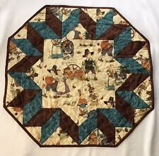 Vintage Quilted Table Topper Thanksgiving Theme Pilgrims Pumpkins Approx 23” picture