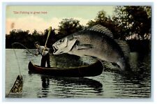 c1910's The Fishing Is Great Here, Fisherman Boat Exaggerated Fishes Postcard picture