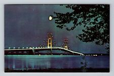 Mackinaw City MI-Michigan, Mackinac Bridge by Moonlight, Vintage Postcard picture