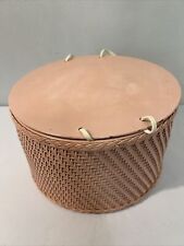 Vintage pink wicker Princess SEWING BASKET with spool holder from 1940’s picture