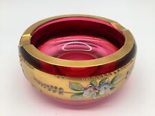 Vintage Bohemian Ruby Red & Gold Hand Painted Glass Ashtray picture