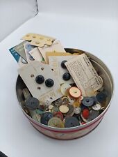 vintage Cookie tin w/large lot of sewing buttons Some On Cards Tools picture