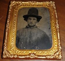 Civil War Era Tintype Photo Wild West Man in Checkered Shirt & 10 Gallon Hat picture