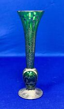 VTG Estate Bohemian Green Glass w/ Silver Inlay 8” Bud Flower Base 160 picture