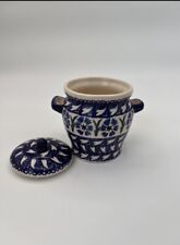 Polish Pottery Vintage Canister Hand Painted Made In Poland Blue White Heart Jar picture