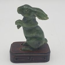 Vintage Solid Jade Hand Carved Bunny Rabbit On Carved Wood Stand Figurine picture