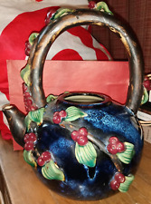 Vintage Three Hands Blue Glazed Ceramic Teapot w/ Red Berries & Leaves (NO LID) picture