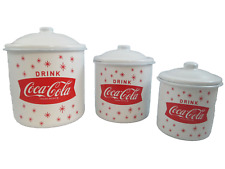 Coca-Cola Set of 3 Enamelware Canisters with Lids White Arciform Stars Logo picture