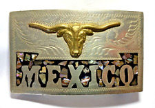 Vintage Western Belt Buckle Gold coated Longhorn Steer & Alpaca Silver Mexico picture