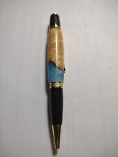 Handmade Hand Turned Maple Burl And Blue Epoxy Gold Trim Twist Pen picture