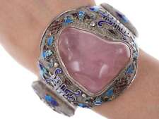 Huge antique Chinese silver enamel rose quartz bracelet picture