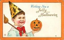 Cute WIZARD BOY Holds Spooky JOL On Colorful Vintage 1921 HALLOWEEN Postcard picture
